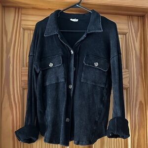 Black Women's Button-Front waffle knit button shirt